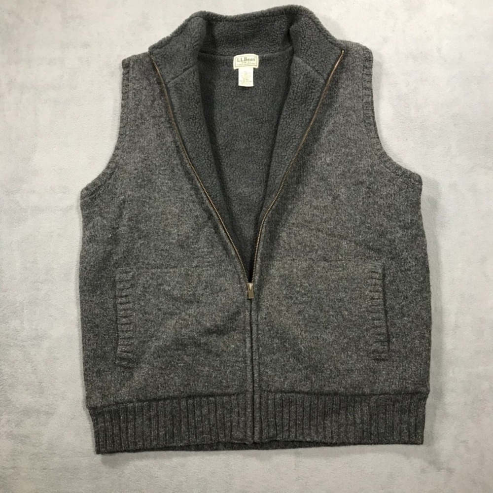 LL Bean Vest Men's Medium Gray Lambswool Full Zip Fleece Lined Jacket Sweater